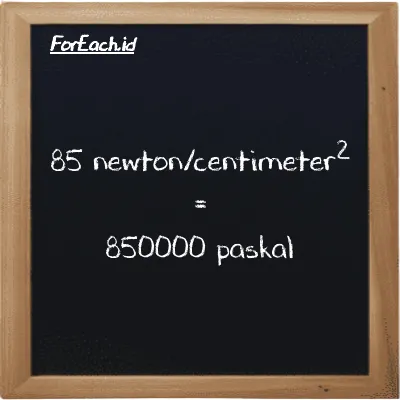Cara konversi newton/centimeter<sup>2</sup> ke paskal (N/cm<sup>2</sup> ke Pa): 85 newton/centimeter<sup>2</sup> (N/cm<sup>2</sup>) setara dengan 85 dikalikan dengan 10000 paskal (Pa)